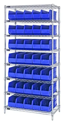 Quantum WR8-441BL Bin Wire Shelving System, 36"W x 14"D x 74"H, 800 lb capacity, Chrome