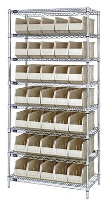 Quantum WR8-441IV Bin Wire Shelving System, 36"W x 14"D x 74"H, 800 lb capacity, Chrome