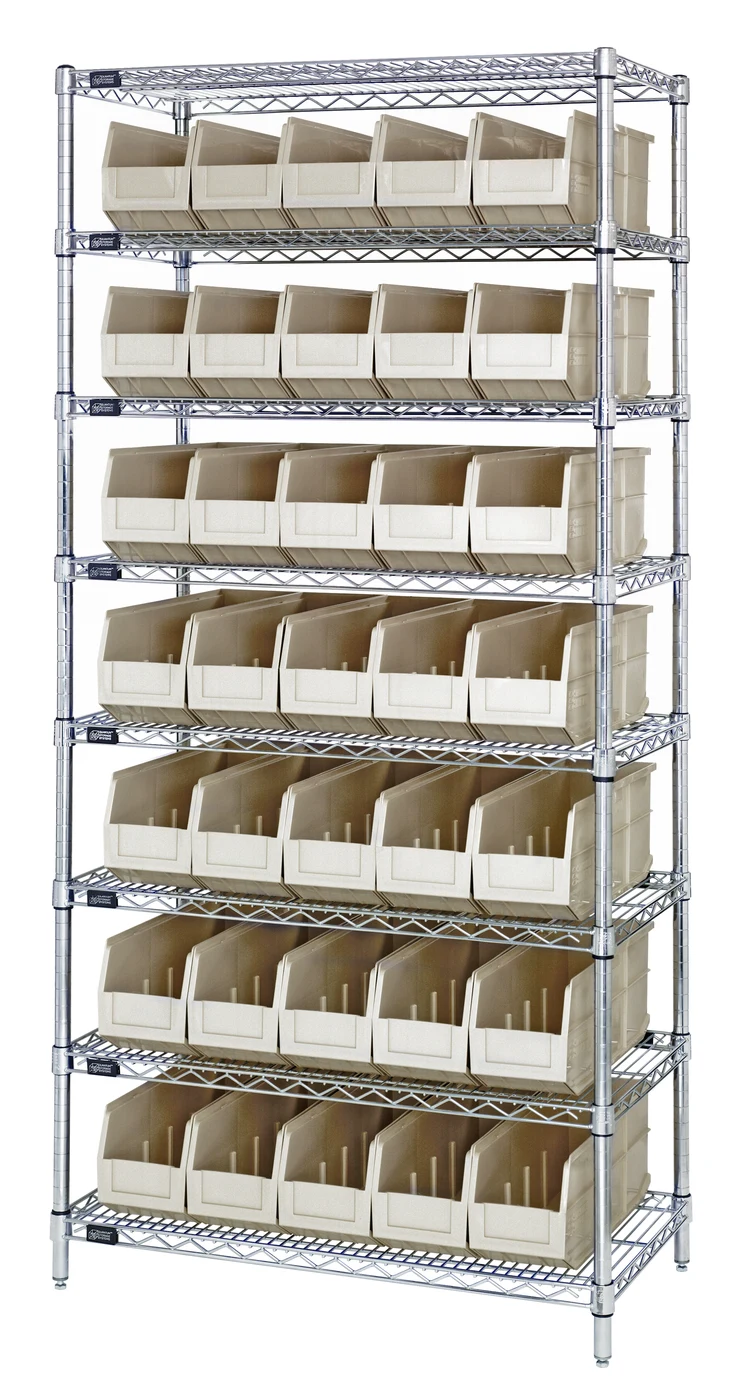 Quantum WR8-441IV Bin Wire Shelving System, 36"W x 14"D x 74"H, 800 lb capacity, Chrome