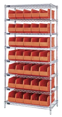 Quantum WR8-441OR Bin Wire Shelving System, 36"W x 14"D x 74"H, 800 lb capacity, Chrome