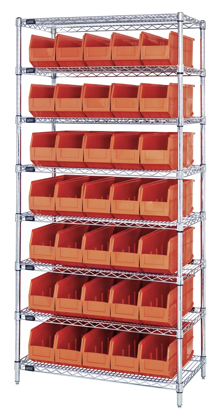 Quantum WR8-441OR Bin Wire Shelving System, 36"W x 14"D x 74"H, 800 lb capacity, Chrome