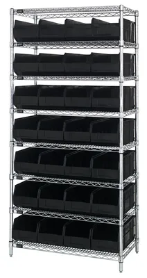 Quantum WR8-443BK Bin Wire Shelving System, 36"W x 14"D x 74"H, 800 lb capacity, Chrome