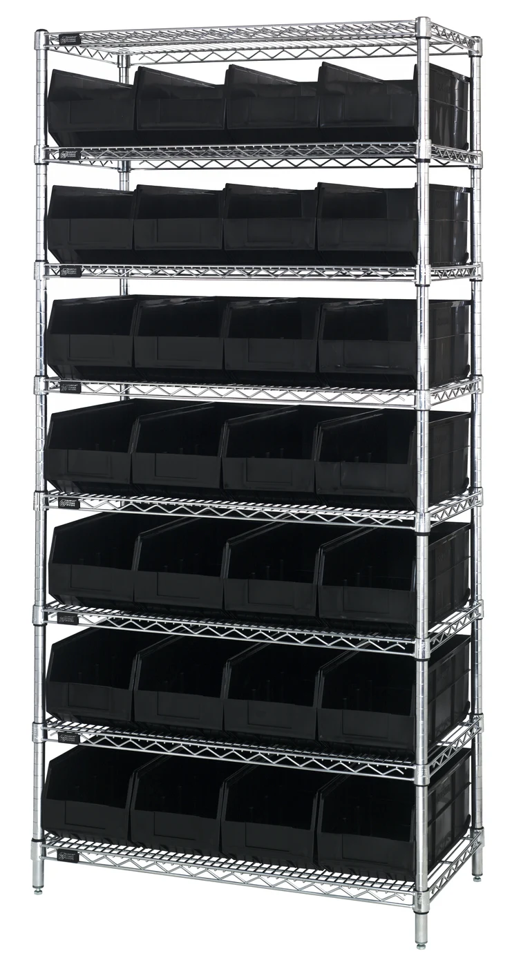Quantum WR8-443BK Bin Wire Shelving System, 36"W x 14"D x 74"H, 800 lb capacity, Chrome