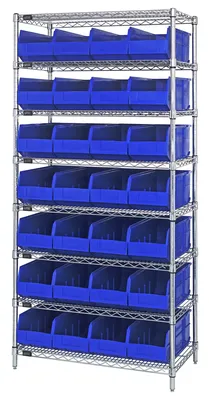 Quantum WR8-443BL Bin Wire Shelving System, 36"W x 14"D x 74"H, 800 lb capacity, Chrome