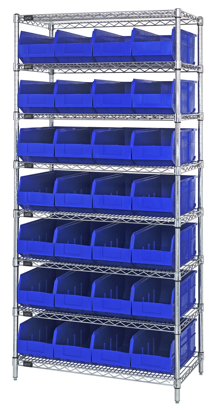 Quantum WR8-443BL Bin Wire Shelving System, 36"W x 14"D x 74"H, 800 lb capacity, Chrome