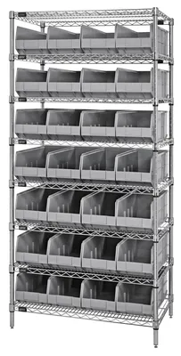Quantum WR8-443GY Bin Wire Shelving System, 36"W x 14"D x 74"H, 800 lb capacity, Chrome