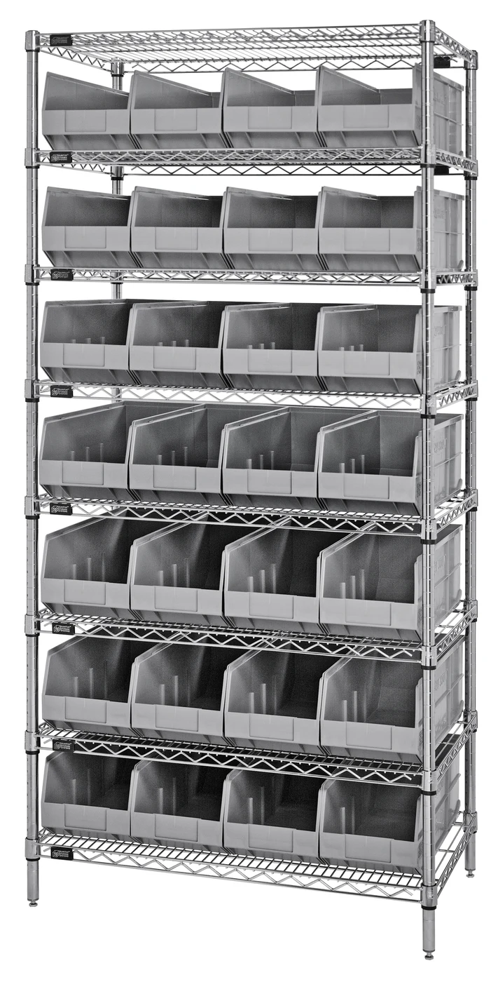 Quantum WR8-443GY Bin Wire Shelving System, 36"W x 14"D x 74"H, 800 lb capacity, Chrome