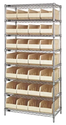 Quantum WR8-443IV Bin Wire Shelving System, 36"W x 14"D x 74"H, 800 lb capacity, Chrome