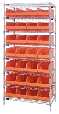 Quantum WR8-443OR Bin Wire Shelving System, 36"W x 14"D x 74"H, 800 lb capacity, Chrome
