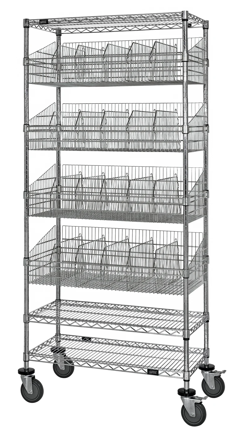 Quantum WRC74-1824C-4BSK Post Basket Cart, 24"W x 18"D x 80"H, 1200 lb capacity, Chrome