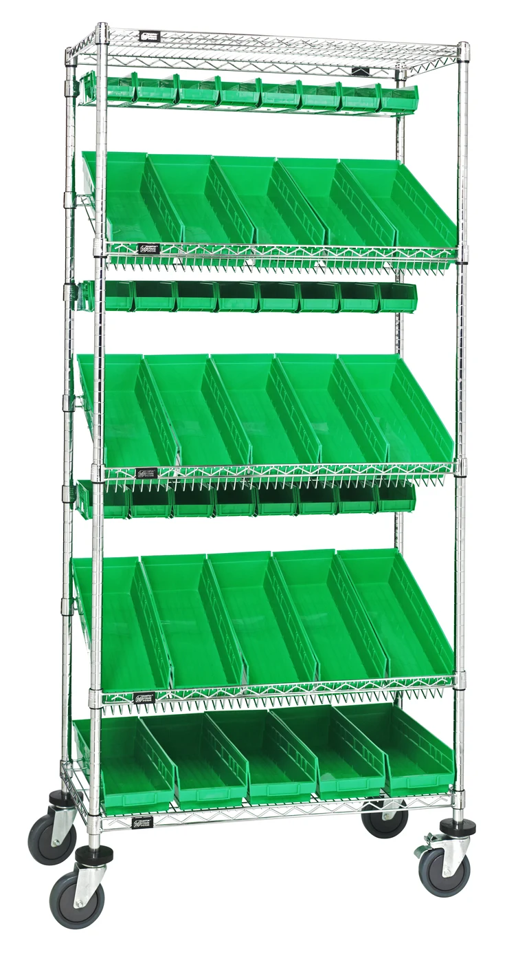 Quantum WRCL5-74836-104220GN Slanted Shelf Cart, 36"W x 18"D x 80"H, 1200 lb capacity, Chrome