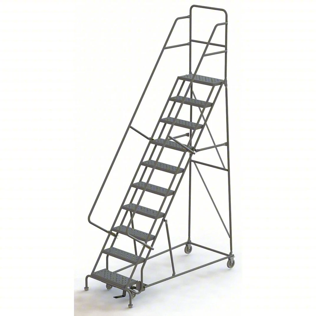 Tri-Arc Knocked-Down 10-Step Rolling Ladder, 35" base, 10" top step, 24" wide steps, 450 lb capacity