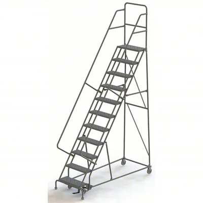 Tri-Arc Heavy-Duty Knocked-Down 11-Step Rolling Ladder, 35" base, 10" top step, 24" wide steps, 600 lb capacity