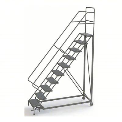 Tri-Arc Heavy-Duty Knocked-Down 10-Step Rolling Ladder, 35" base, 17" top step, 24" wide steps, 600 lb capacity