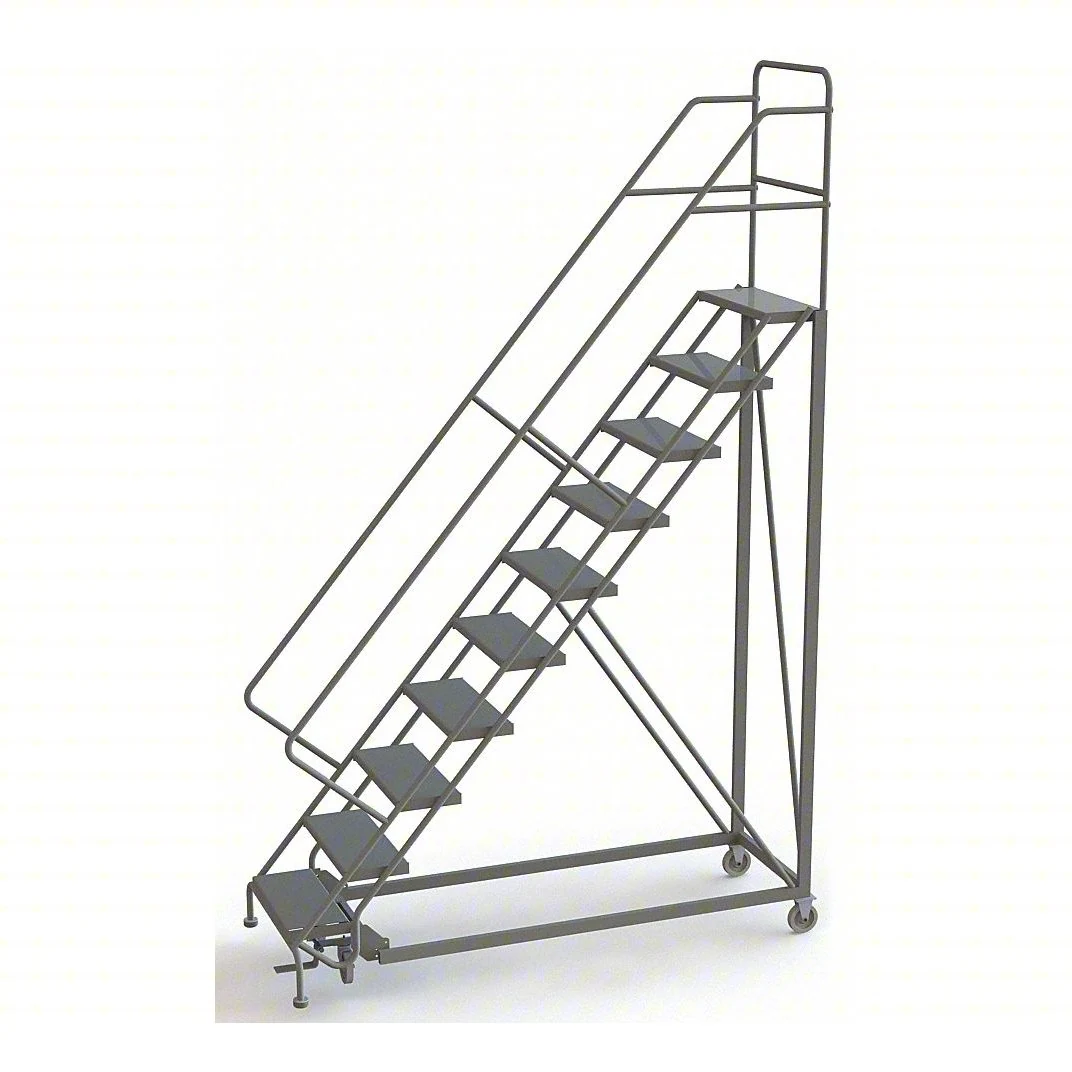 Tri-Arc Heavy-Duty Knocked-Down 10-Step Rolling Ladder, 35" base, 17" top step, 24" wide steps, 600 lb capacity