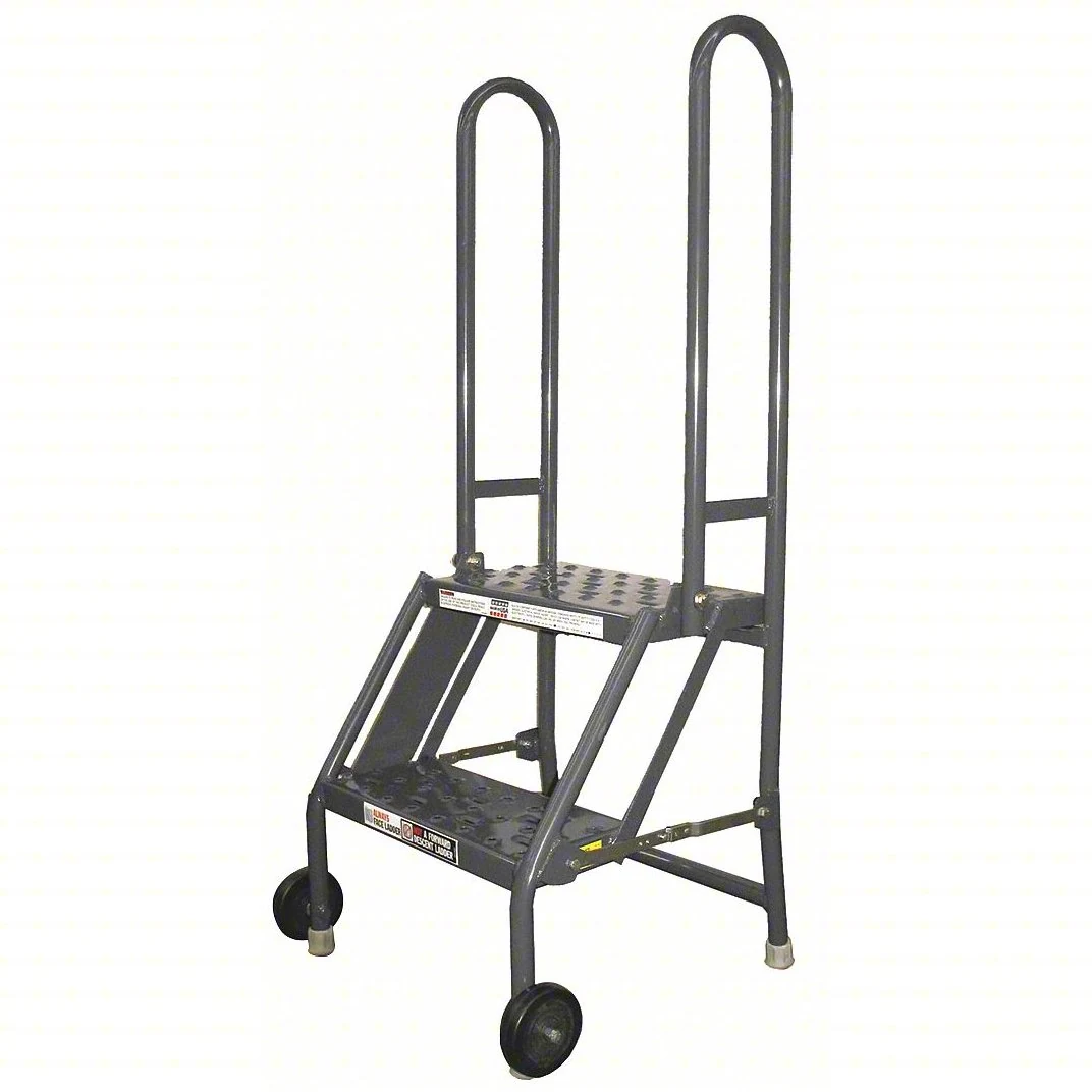 Tri-Arc Tilt & Roll Knocked-Down 2-Step Step Stool, 21" base, 10" top step, 16" wide steps, perforated tread