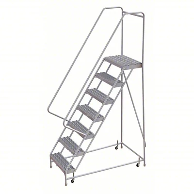 Tri-Arc Welded Aluminum Rolling Ladder, 70" platform height, 32" base, 14" top step, 24" wide steps, 350 lb capacity