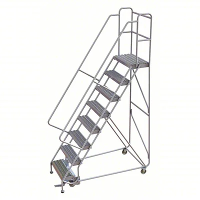 Tri-Arc Welded Aluminum Rolling Ladder, 80" platform height, 34" base, 14" top step, 24" wide steps, 350 lb capacity