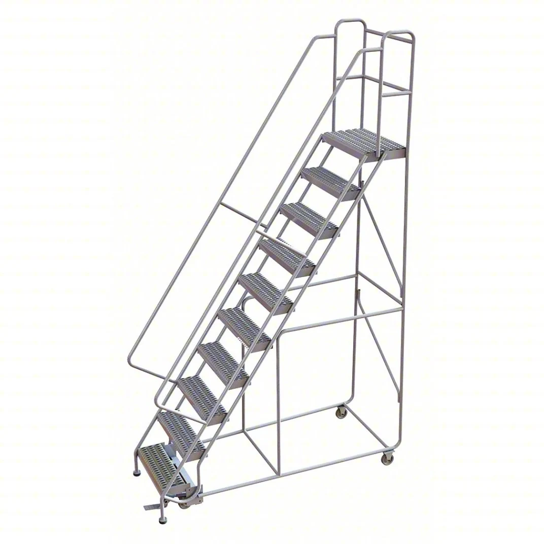 Tri-Arc Welded Aluminum Rolling Ladder, 100" platform height, 36" base, 14" top step, 24" wide steps, 350 lb capacity