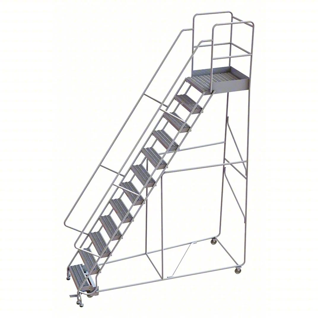 Tri-Arc Welded Aluminum Rolling Ladder, 120" platform height, 39" base, 14" top step, 24" wide steps, 350 lb capacity, serrated tread