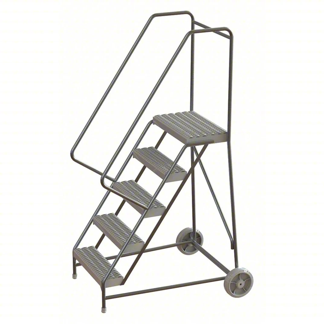 Tri-Arc Wheelbarrow Welded Aluminum Rolling Ladder, 50" platform height, 35" base, 14" top step, 24" wide steps, 350 lb capacity