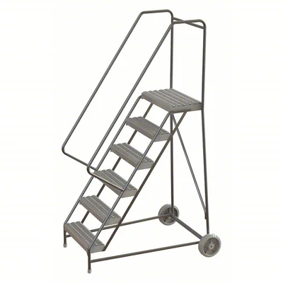 Tri-Arc Wheelbarrow Welded Aluminum Rolling Ladder, 60" platform height, 31" base, 14" top step, 16" wide steps, 350 lb capacity