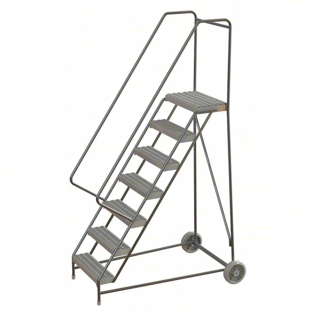 Tri-Arc Wheelbarrow Welded Aluminum Rolling Ladder, 70" platform height, 31" base, 14" top step, 16" wide steps, 350 lb capacity