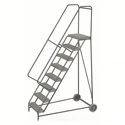 Tri-Arc Wheelbarrow Welded Aluminum Rolling Ladder, 80" platform height, 38" base, 14" top step, 24" wide steps, 350 lb capacity