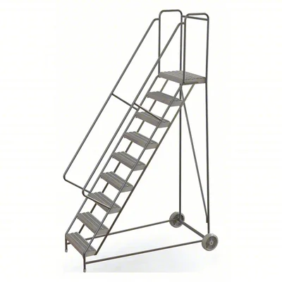 Tri-Arc Wheelbarrow Welded Aluminum Rolling Ladder, 90" platform height, 38" base, 14" top step, 24" wide steps, 350 lb capacity