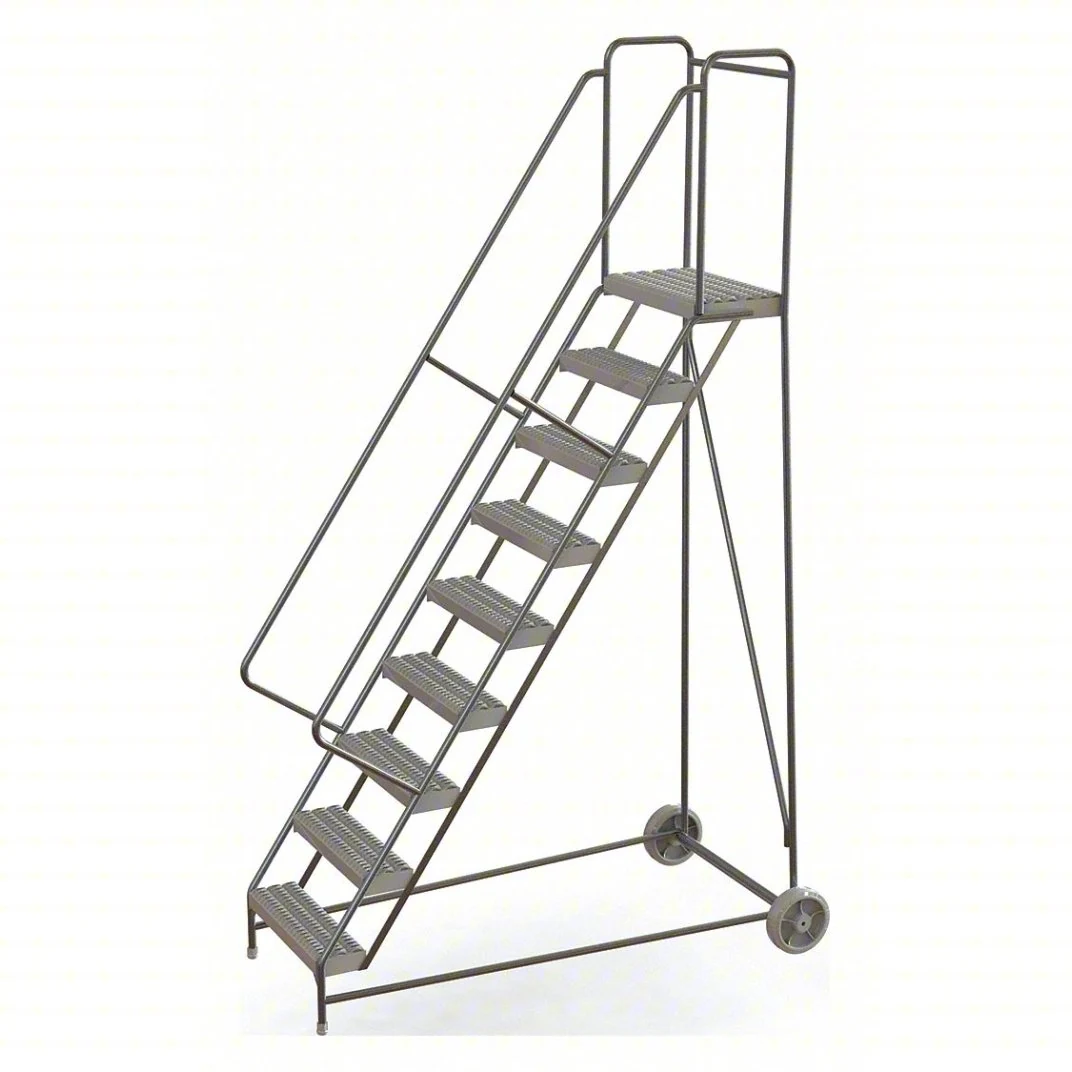 Tri-Arc Wheelbarrow Welded Aluminum Rolling Ladder, 90" platform height, 38" base, 14" top step, 24" wide steps, 350 lb capacity
