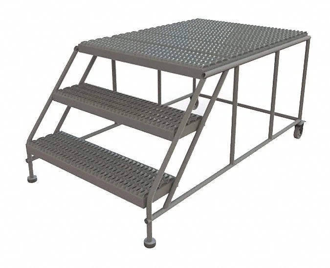 Tri-Arc Welded 3-Step Rolling Ladder, 66" base, 47" top step, 64" wide steps, 36" wide platform, abrasive mat tread