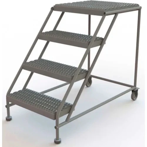 Tri-Arc Welded 4-Step Rolling Ladder, 51" base, 24" top step, 42" wide steps, 24" wide platform, ribbed tread