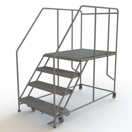 Tri-Arc 4-Step Rolling Ladder, 74" base, 47" top step, 36" wide platform, serrated tread