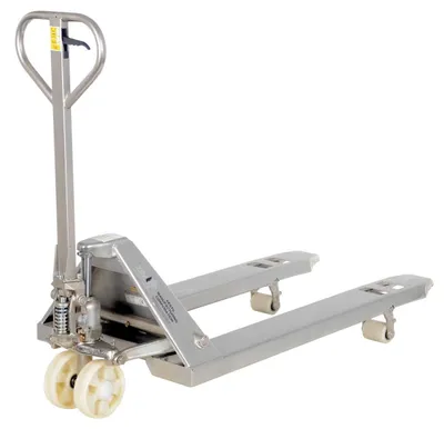 Vestil PM5-2748-SFF stainless pallet jack shown from an alternate angle