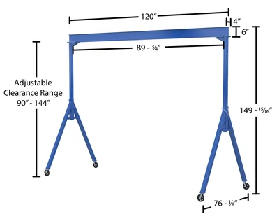 Vestil AHS-2-10-12-TLC Steel Adjustable Height Gantry Crane with Total Locking Glass Filled Nylon Casters - dimensional drawing