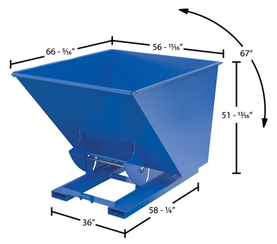 Vestil Steel Light Duty No Bump & Dump Hopper 2 Cubic Yard 2000 Lb. Capacity Blue - dimensional drawing