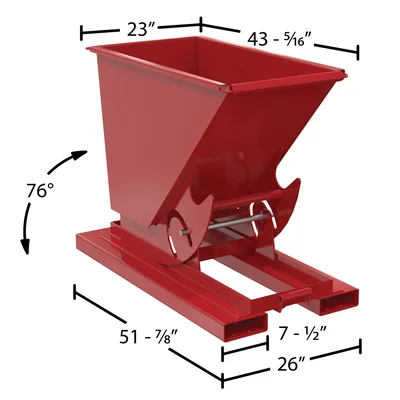 Vestil Steel Heavy Duty No Bump & Dump Hopper 1/4 Cubic Yard 6000 Lb. Capacity Soda Red - dimensional drawing