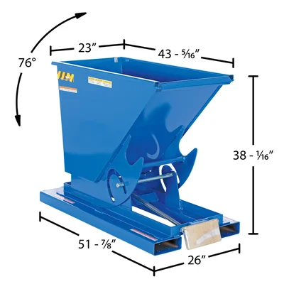 Vestil Steel Medium Duty Self Dumping Hopper 1/4 Cubic Yard 4000 Lb. Capacity Blue - dimensional drawing