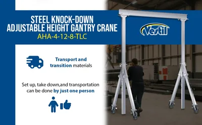 Vestil AHA-4-12-8-TLC adjustable height aluminum gantry cranes with total locking caster feature highlights