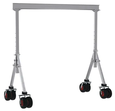 Vestil Aluminum Adjustable Height Gantry Crane with Pneumatic Rubber Casters 15 Ft. Wide x 10 Ft. Max Usable Height 4,000 Lb. Capacity Silver