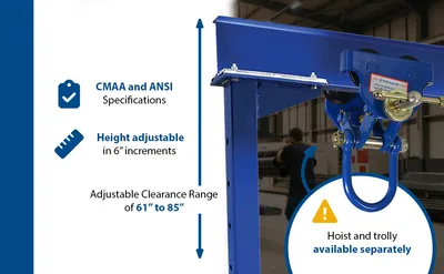 Vestil AHSN-8-15-7-TLC adjustable steel gantry cranes with total locking casters - knockdown feature highlights