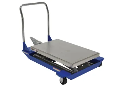 Vestil Partially Stainless Steel Foot Pump Powered Scissor Cart 48 In. x 40 In. 1500 Lb. Capacity Blue / Yellow