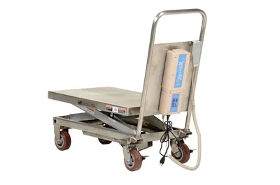 Vestil CART-500-LA-PSS linear actuated elevating cart shown from an alternate angle