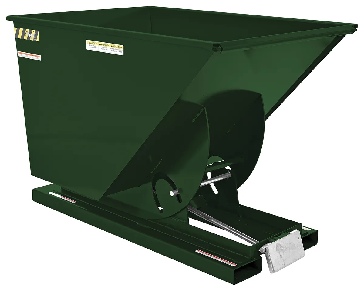 Vestil D-100-HD-GRN-H d style - self-dumping steel hoppers with bumper release
