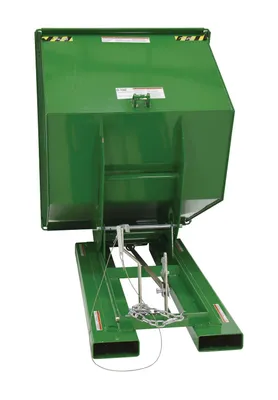 Vestil D-100-LD-GRN-T d style - self-dumping steel hoppers with bumper release shown from an alternate angle