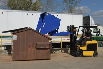 Vestil D-200-HD d style - self-dumping steel hoppers with bumper release shown from an alternate angle