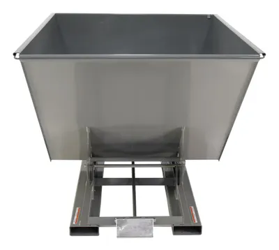 Vestil D-200-HD-GY-SG d style - self-dumping steel hoppers with bumper release shown from an alternate angle