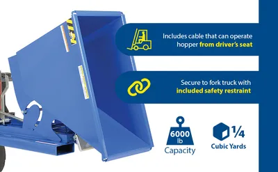 Vestil D-25-HD d style - self-dumping steel hoppers with bumper release feature highlights