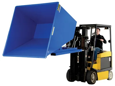 Vestil D-250-HD d style - self-dumping steel hoppers with bumper release shown from an alternate angle