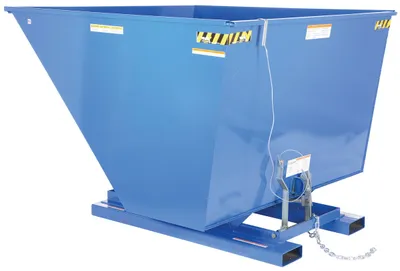 Vestil D-250-HD d style - self-dumping steel hoppers with bumper release shown from an alternate angle